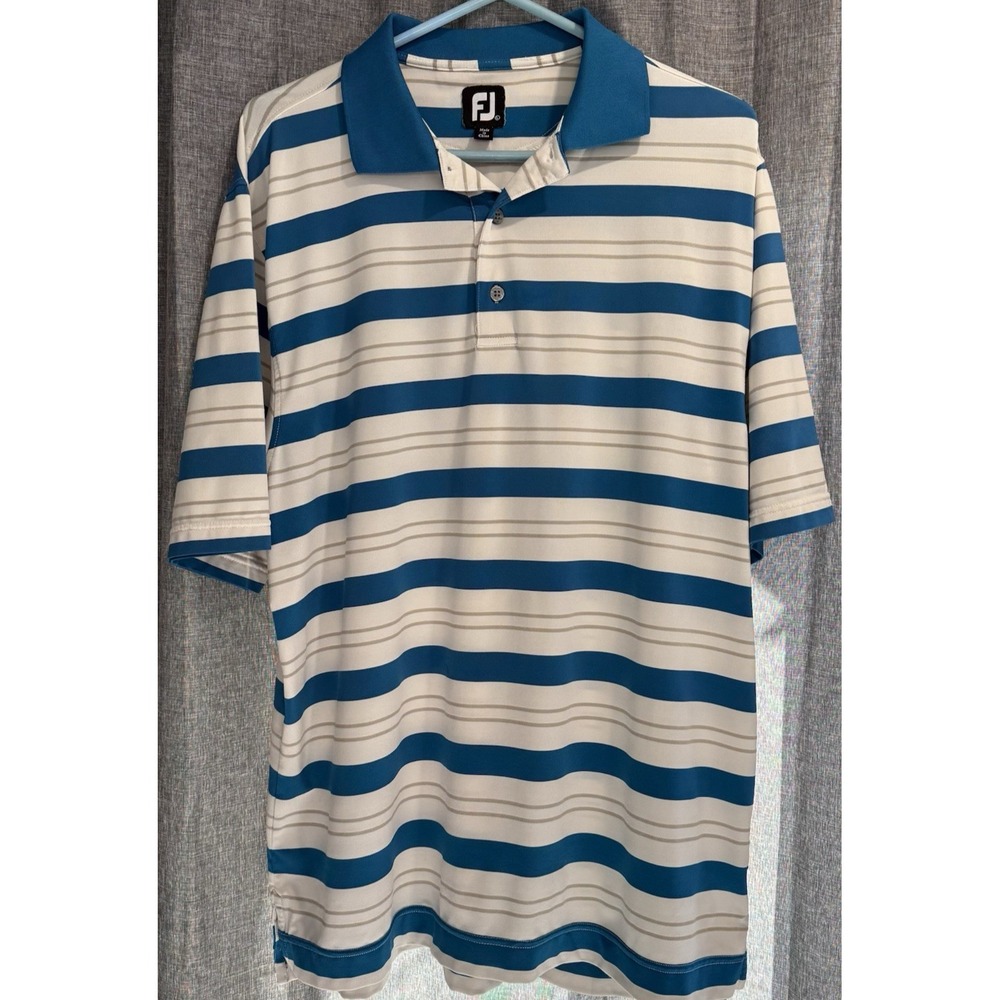 FJ Footjoy Mens Large Golf Polo Blue White Striped Shirt Logo Polyester Spandex